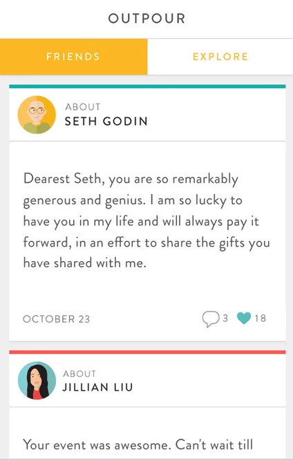 Mobile feed titled OUTPOUR with appreciation notes about named people and illustrated avatars.