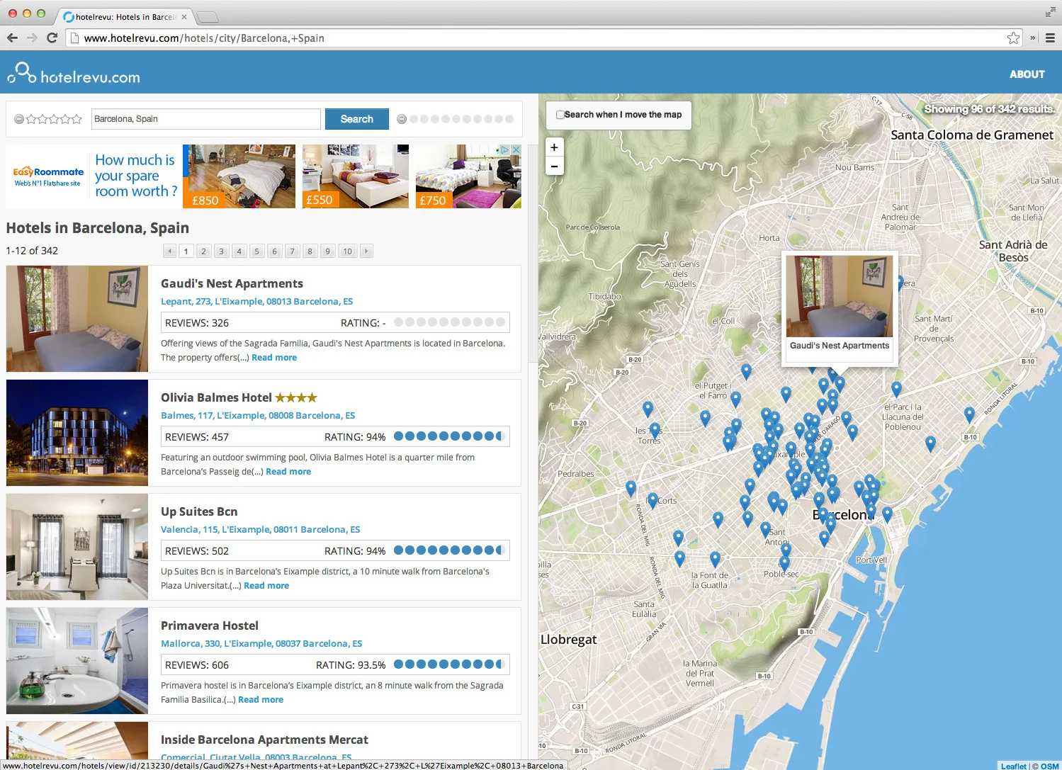Hotel search results for Barcelona with listing photos, ratings and a map full of location pins.