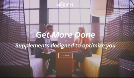 Landing page headlined "Get More Done, Supplements designed to optimize you" over a photo of two people at a table.