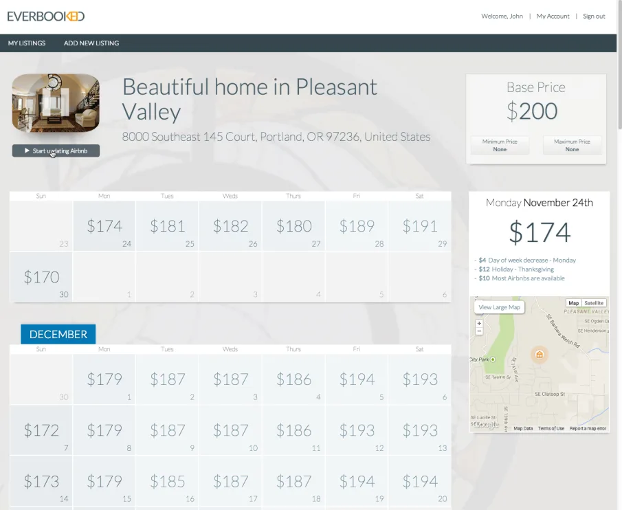 Everbooked listing 'Beautiful home in Pleasant Valley' with a nightly price calendar grid.