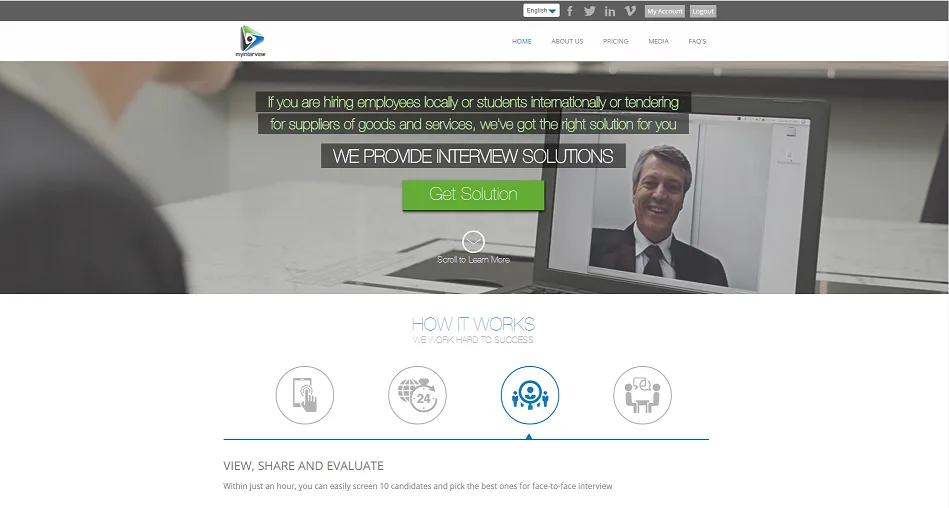 Landing page headlined "WE PROVIDE INTERVIEW SOLUTIONS" with a man on a video call and How it works icons.