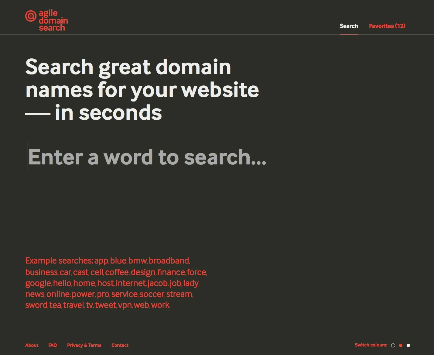 Dark domain search page 'Search great domain names for your website in seconds' with a search field.