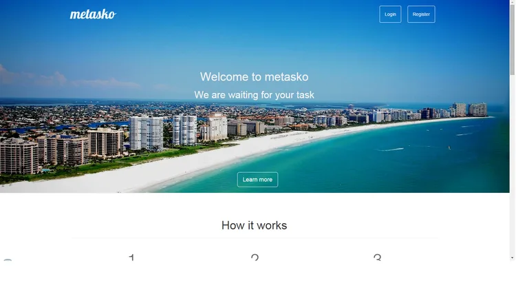 Landing page with a coastal city beach photo and the text "Welcome to metasko".