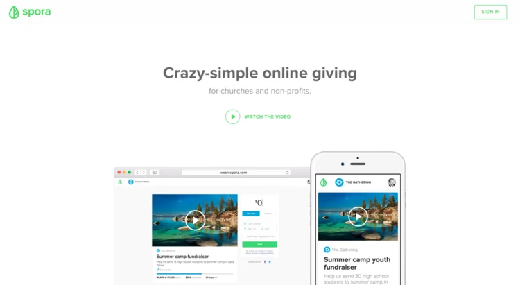 Homepage 'Crazy-simple online giving' with desktop, tablet and phone mockups.