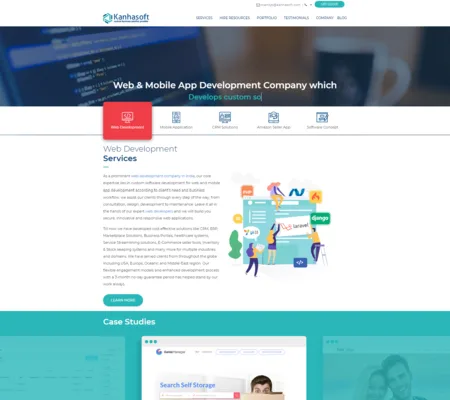 Agency landing page for web and mobile app development with flat illustrations and a case study strip.