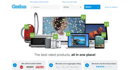 Geebus page with a collage of TVs, laptops and phones and 'The best rated products, all in one place!'.