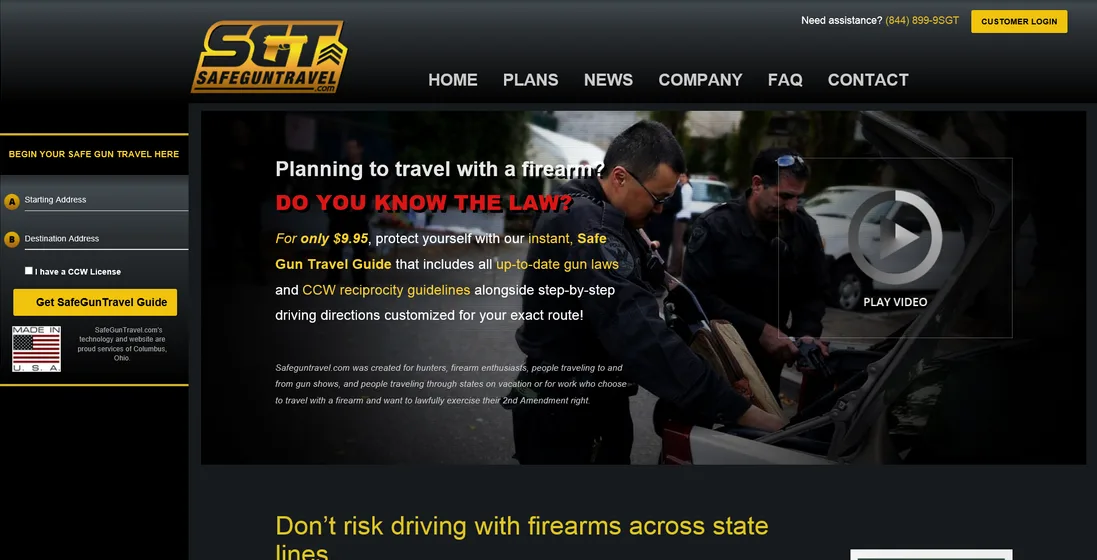 Homepage 'Planning to travel with a firearm? Do you know the law?' with police officers in a video still.