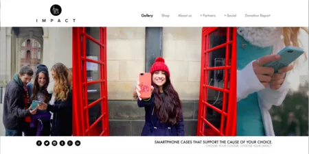 Landing page with a woman holding a phone in front of red telephone boxes, about cause-supporting phone cases.