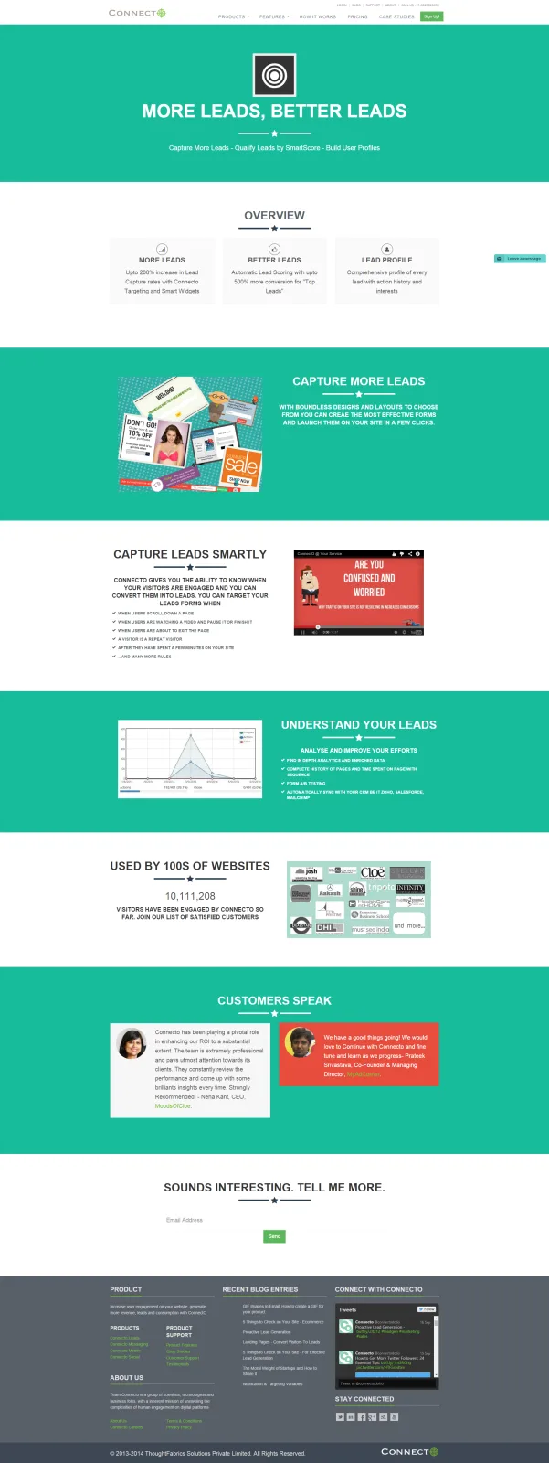 Tall Connecto page 'More leads, better leads' with green feature bands, a chart and testimonials.