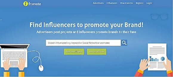 Blue fromote page 'Find Influencers to promote your Brand!' with illustrations and a search field.