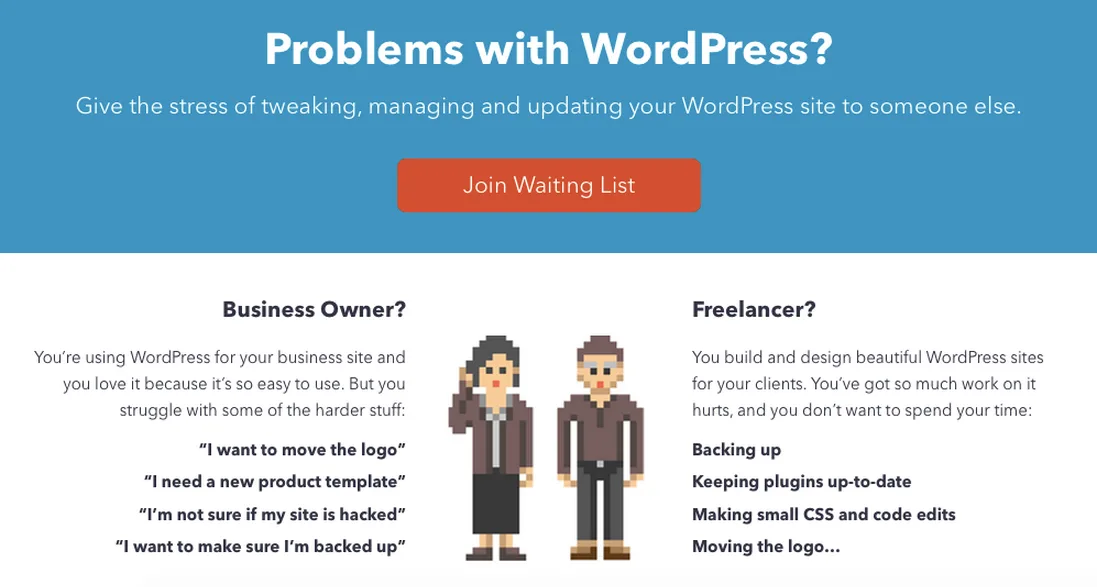 Homepage 'Problems with WordPress?' with pixel-art characters and two audience columns.