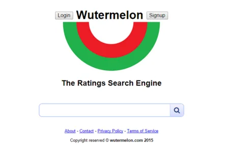 Search page 'Wutermelon The Ratings Search Engine' with a watermelon-arc logo.
