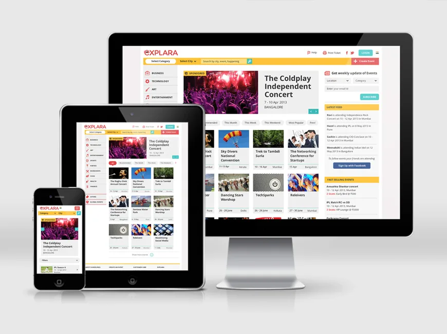 IMac, iPad and iPhone showing the Explara events site with event photo tiles.