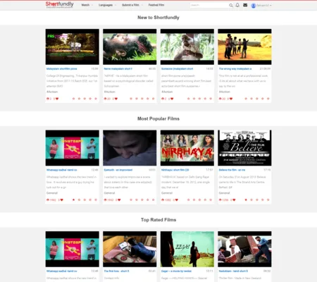 Short film site with grids of film thumbnails under New, Most Popular and Top Rated headings.