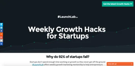 Dark landing page headlined "Weekly Growth Hacks for Startups".