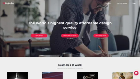 DesignBro hero 'The world's highest quality affordable design service' over a photo of a man at a desk.