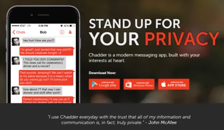 'Stand up for your privacy' beside a phone showing a Chadder chat, with store download buttons.
