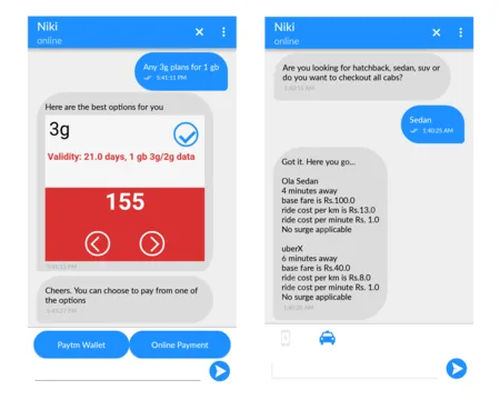Two chat windows with an assistant offering mobile data plans and cab ride options.