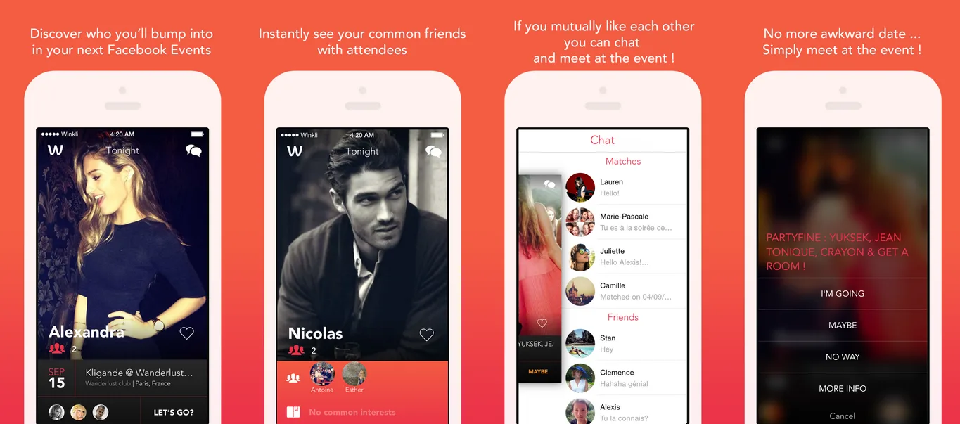 Four phones showing event dating profiles, a chat list and RSVP options with captions.