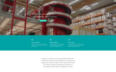 Landing page with a warehouse photo and a teal band of feature icons.