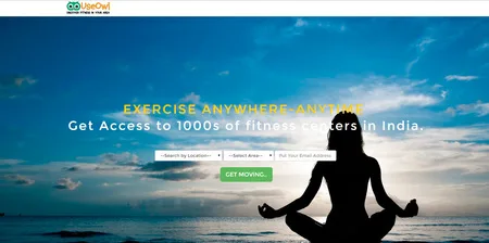 Homepage 'Exercise anywhere anytime' with a meditation silhouette by the sea.