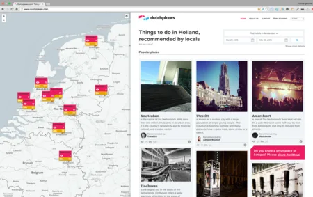 Map of the Netherlands with markers and photo cards 'Things to do in Holland, recommended by locals'.