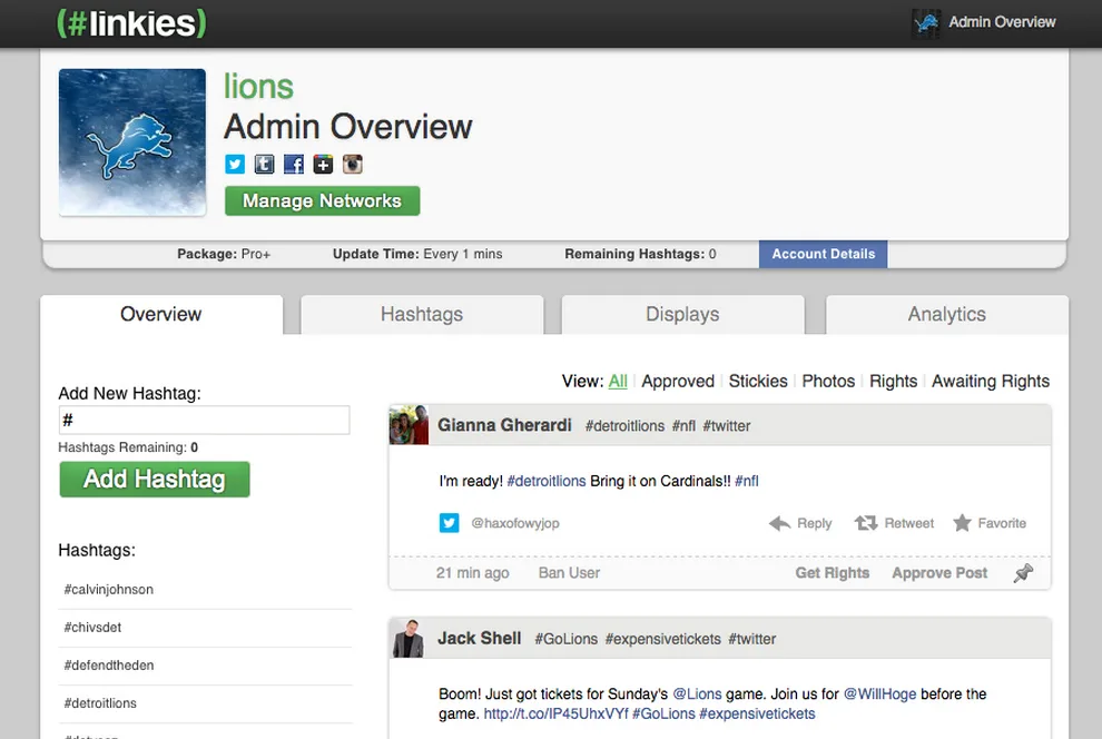 Hashtag moderation admin overview with a hashtag list and a feed of social posts.