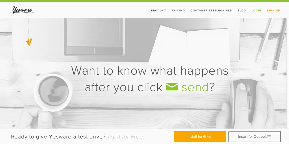 Homepage 'Want to know what happens after you click send?' with a sketched laptop.