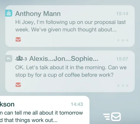 Mobile email app listing conversations from Anthony Mann and a group thread.