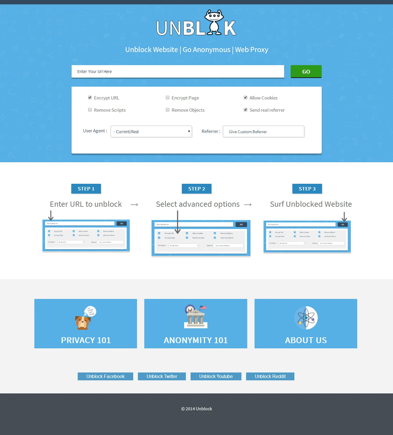 Homepage 'UNBLOCK' web proxy with a URL form and three steps.