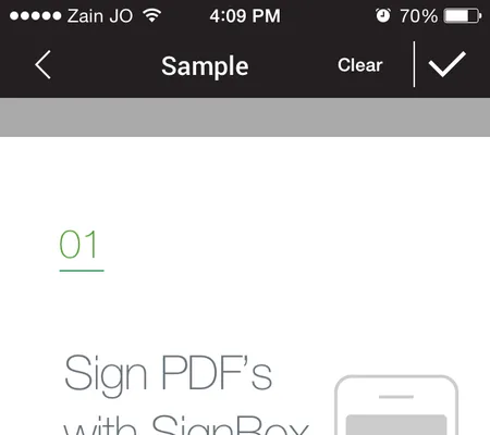 Mobile app screen 'Sample' showing onboarding step '01 Sign PDF's with SignBox'.