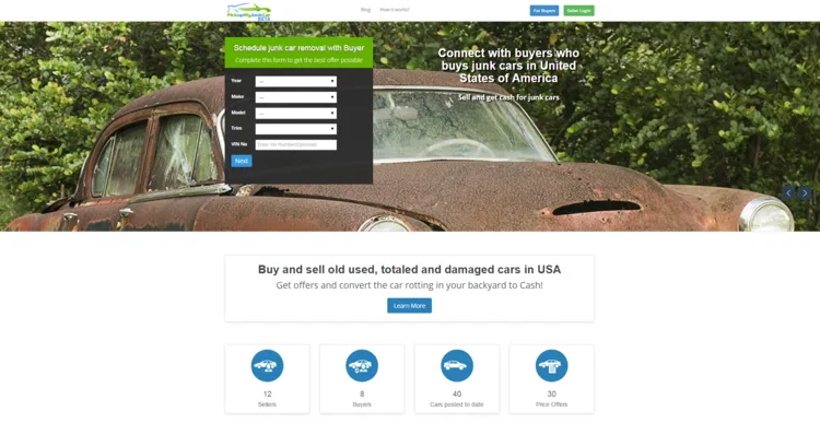 Landing page with a rusty old car photo, a quote form and a line about buying and selling damaged cars.