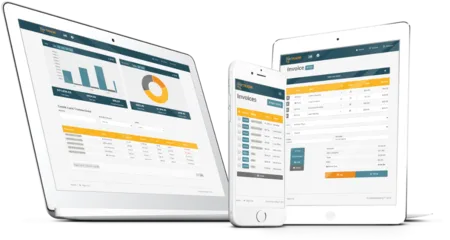 Tablet and phone showing a dashboard with charts and tables.