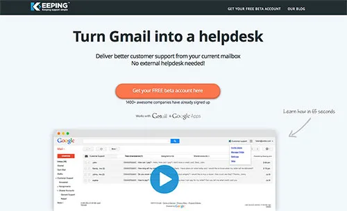 Landing page headlined "Turn Gmail into a helpdesk" with a Gmail screenshot and a play button.