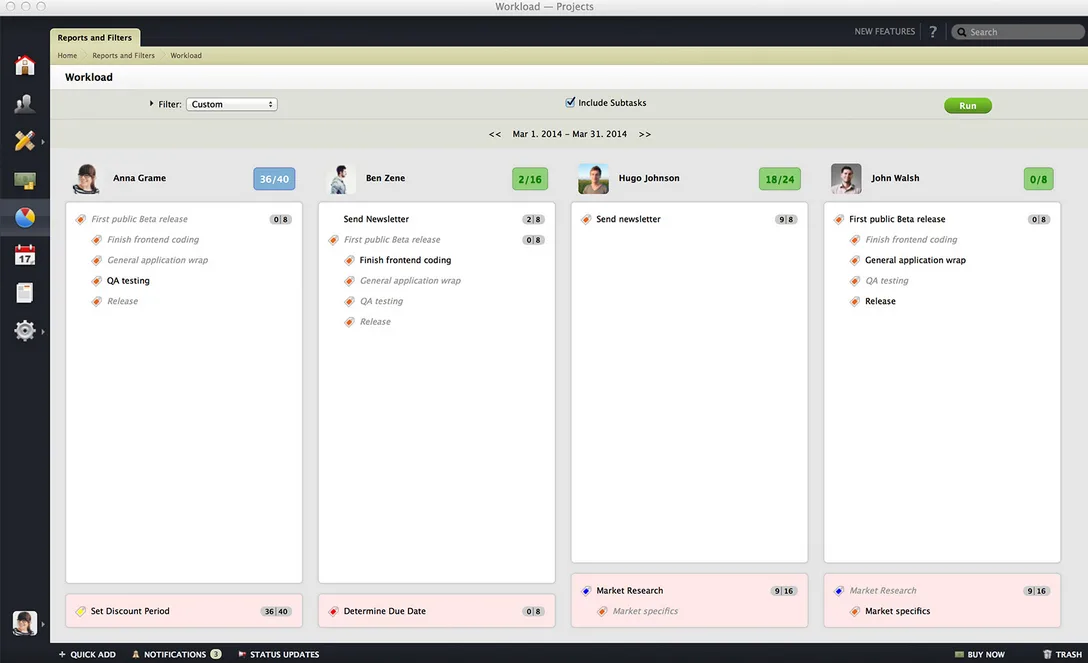 Project management web app with a task board of columns and a dark left toolbar.