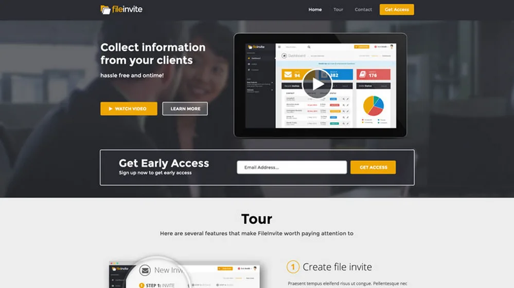 FileInvite page 'Collect information from your clients' with an iMac video and 'Get Early Access'.