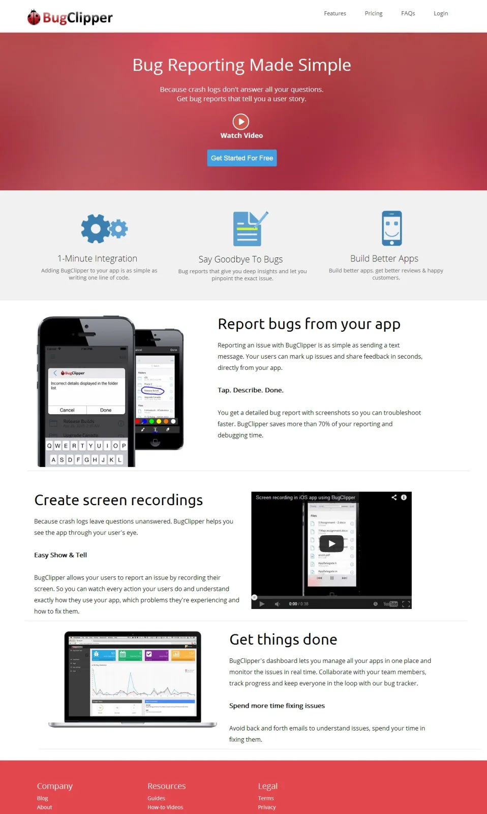 Tall BugClipper page with a red hero 'Bug Reporting Made Simple' and feature sections with device images.