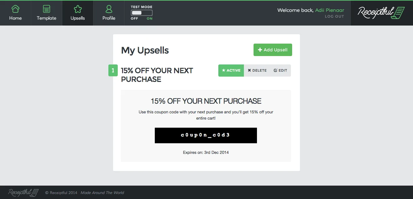 Upsell editor titled 'My Upsells' previewing a '15% off your next purchase' coupon.