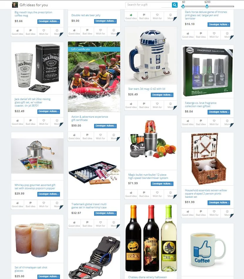 Giftri grid of gift product listings including drinks, gadgets and an R2-D2 figure.