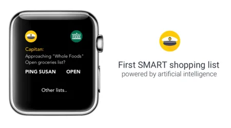 Apple Watch showing a shopping list alert beside 'First SMART shopping list powered by artificial intelligence'.