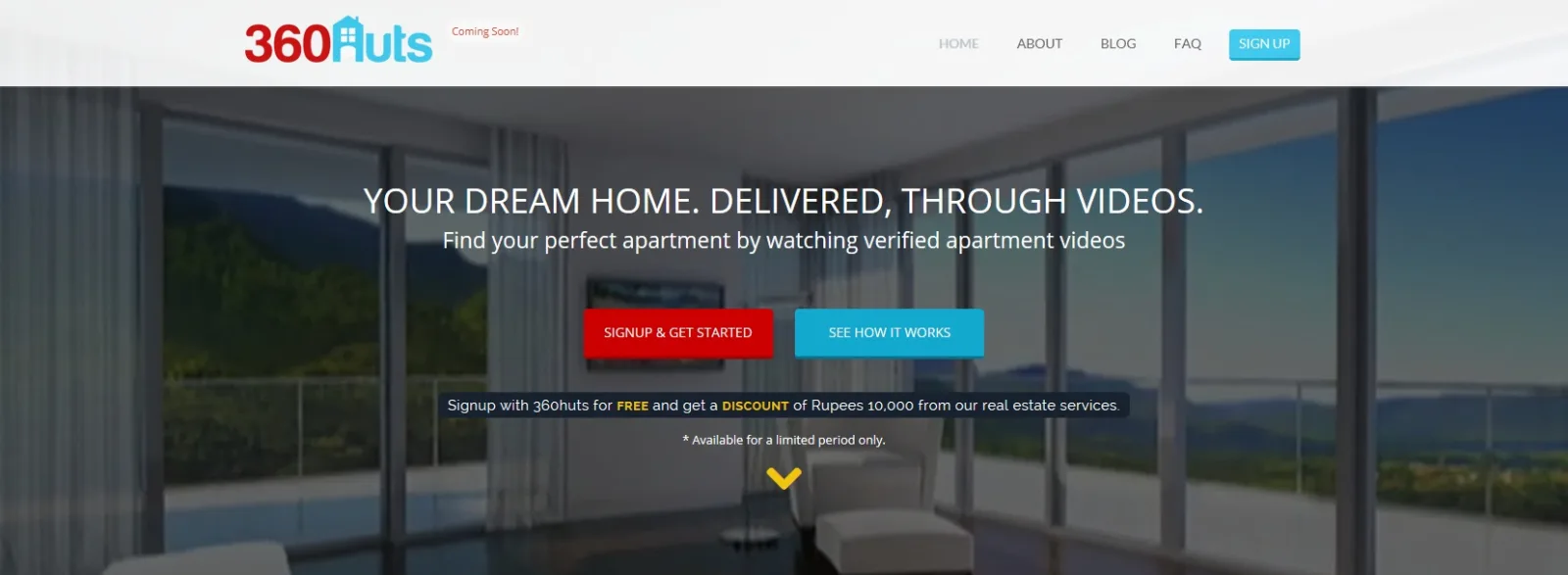 360huts page with a photo of a glass-walled interior and the headline 'Your dream home. Delivered. Through videos.'.