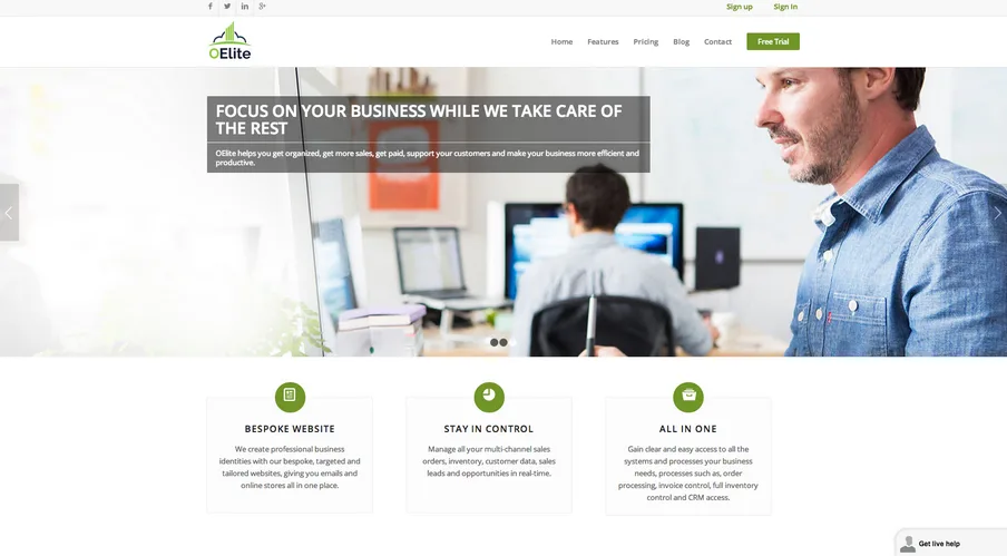 Landing page headlined "FOCUS ON YOUR BUSINESS WHILE WE TAKE CARE OF THE REST" with a stock photo of a man in an office.