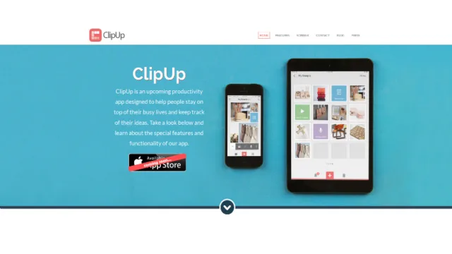 Blue ClipUp page with a phone and tablet and an App Store button.