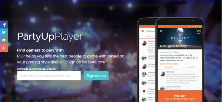 Dark landing page headed "PartyUpPlayer, Find gamers to play with" with two phones.