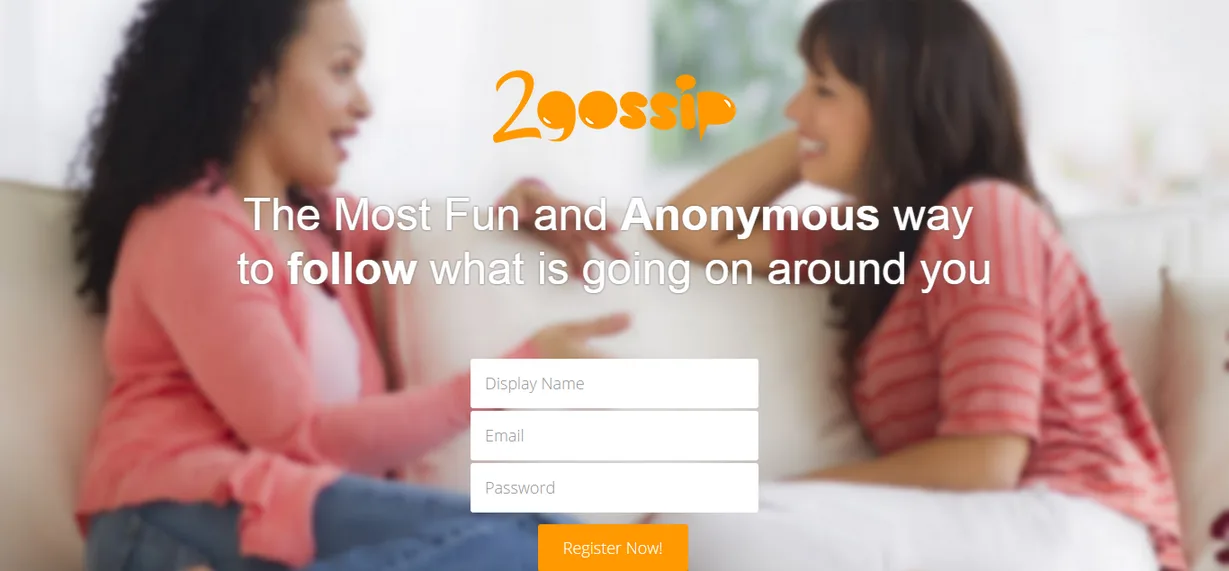 Orange 2gossip wordmark and signup form over a blurred photo of two women talking on a sofa.