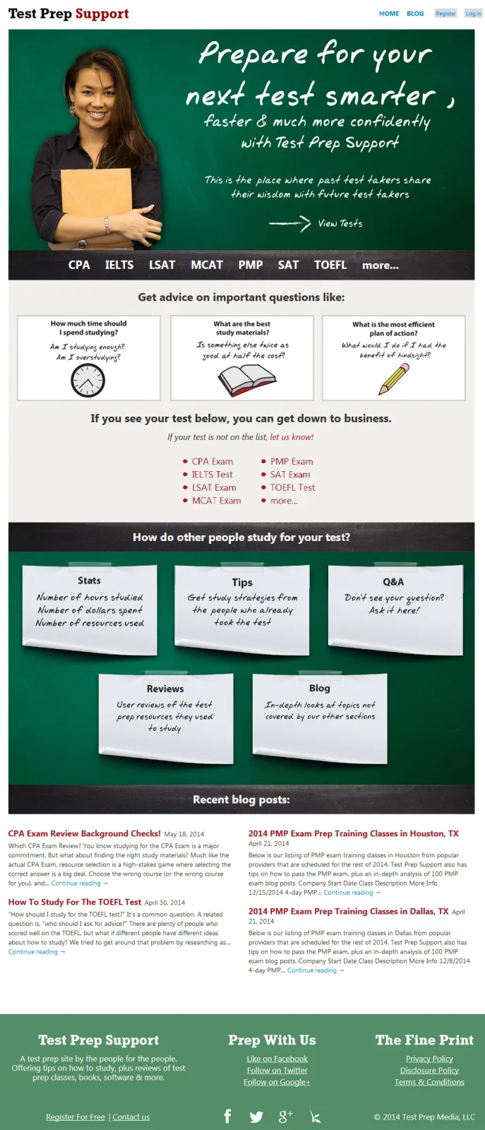 Tall homepage 'Prepare for your next test smarter' on a chalkboard theme with a woman holding a folder.