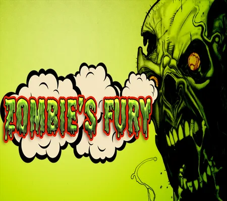 Game art with 'ZOMBIE'S FURY' lettering and a green zombie face on lime.