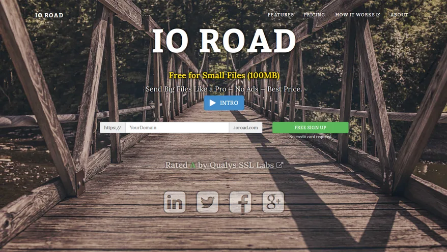 Landing page with a wooden footbridge photo, the IO Road name and a file upload form.