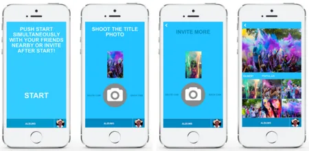 Four iPhones showing blue dudr app screens for starting, shooting a title photo and inviting.
