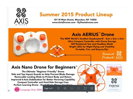 Product flyer 'Summer 2015 Product Lineup' showing orange Axis quadcopter drones with feature text.